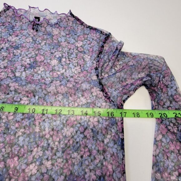 Sheer Purple High Neck Long Sleeve Floral Print Blouse Top Size L - Picture 6 of 13